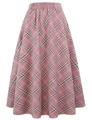 Long Plaid Wool Skirt for Womens Winter Fall Warm High Elastic Waist A line Flared Pleated Wool Tartan Skirts