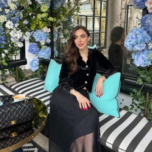 Women's 2 Piece Outfits Black Velvet V Neck Wave-Cut Top and Black Tulle Midi Skirt Sets