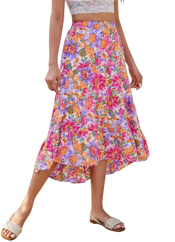 Women's Long Skirts Boho Floral Elastic High Waist Asymmetrical Hem Midi Skirt