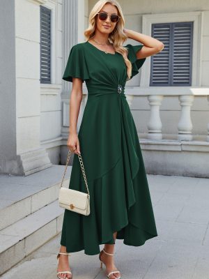Wedding Guest Dresses for Women Have Pockets Cocktail Dress Ruffle Sleeve A Line Evening Party Formal Dresses for Women