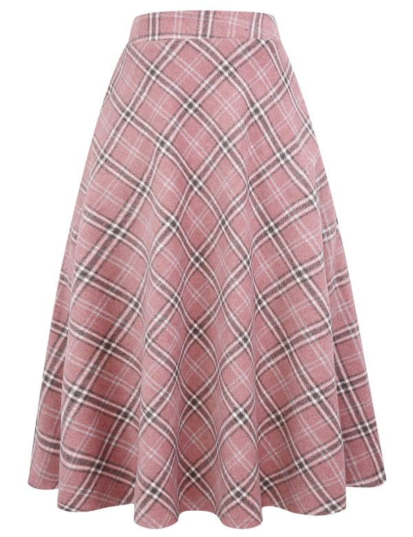 Long Plaid Wool Skirt for Womens Winter Fall Warm High Elastic Waist A line Flared Pleated Wool Tartan Skirts