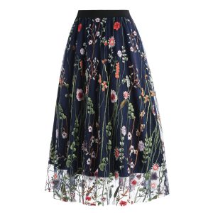 Women's Midi Length Skirt Layered Tulle A Line Skirts Embroidery/Floral Print Elastic Waist