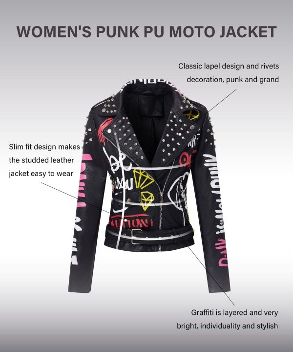 Women Faux Leather Jacket Studded Rivet Spring Fall Winter Fashion, Moto Biker Trendy Clothes Streetwear Belted