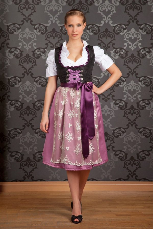 Bavarian Women's Midi Dirndl Dress 2-Pieces+Apron Black Purple
