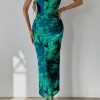 Women's Summer Maxi Bodycon Dresses Strapless Tube Top Slit Floral Printed Party Club Long Dress