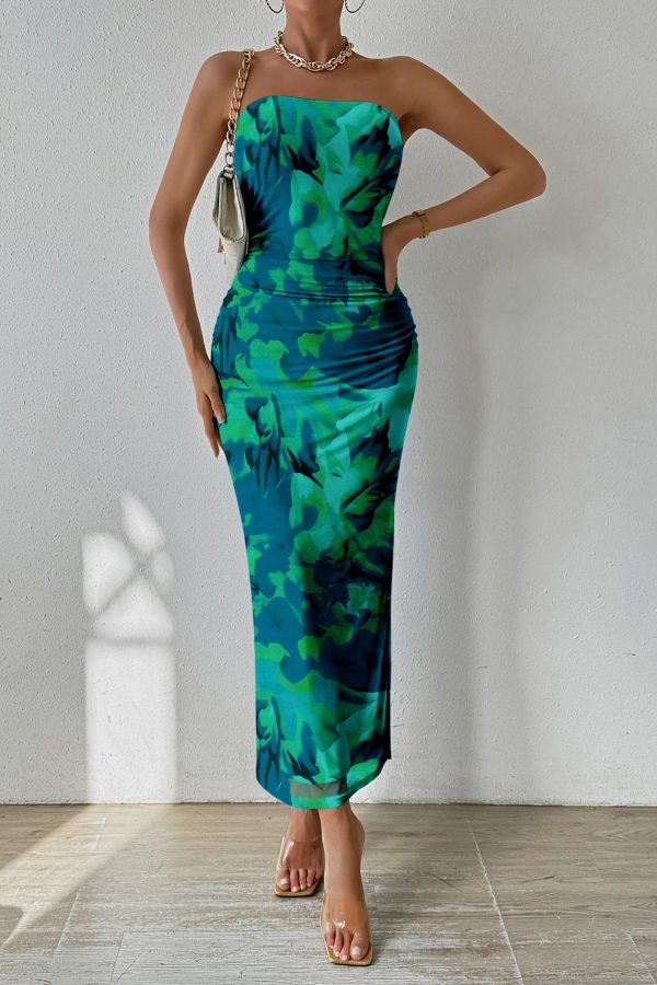 Women's Summer Maxi Bodycon Dresses Strapless Tube Top Slit Floral Printed Party Club Long Dress