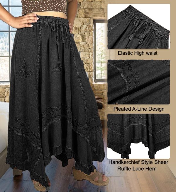 2025 Spring Women's Flowy Handkerchief Hemline Midi Maxi Skirts for Women - Gypsy Embroidered Ruffle Long Skirts