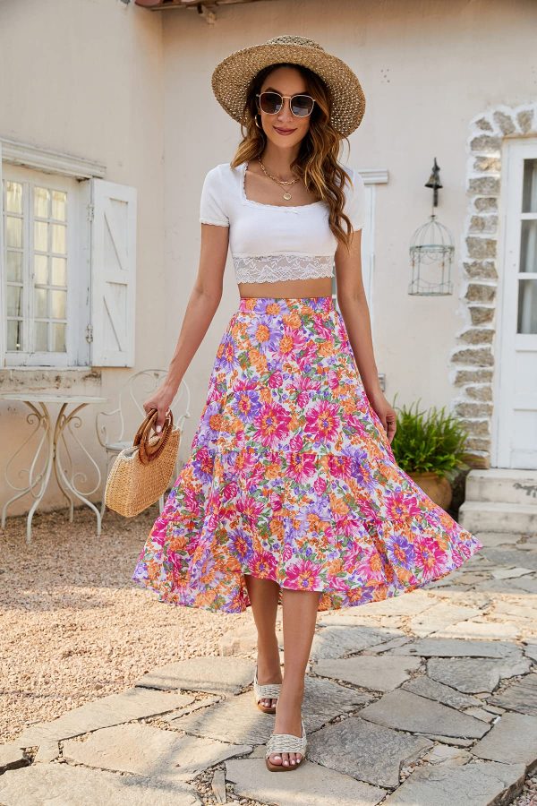 Women's Long Skirts Boho Floral Elastic High Waist Asymmetrical Hem Midi Skirt