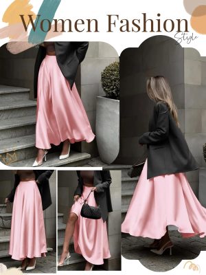 Womens Satin High Waist Elastic Midi Skirt Satin Maxi Skirt Silk Elegant Long Trendy A-Line Midi Skirts