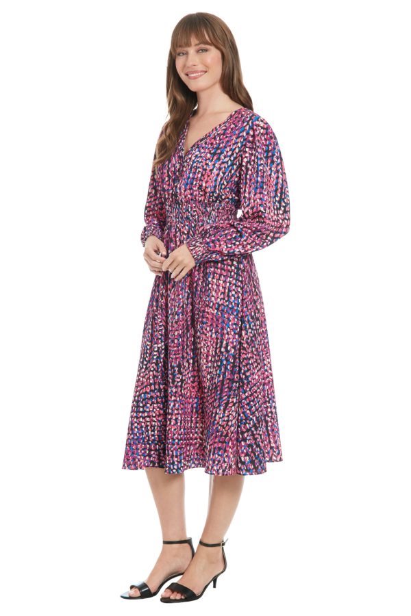 Women's Long Sleeve V-Neck Midi Elastic Waist Flowy Skirt-Versatile Cocktail Wedding Guest Dress