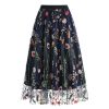 Women's Midi Length Skirt Layered Tulle A Line Skirts Embroidery/Floral Print Elastic Waist