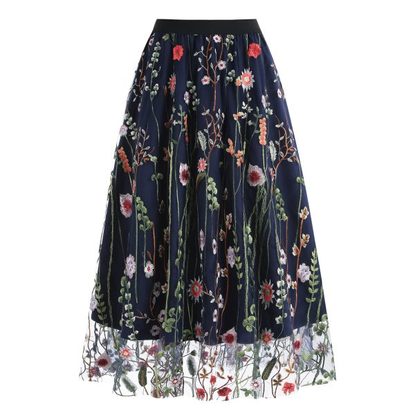 Women's Midi Length Skirt Layered Tulle A Line Skirts Embroidery/Floral Print Elastic Waist