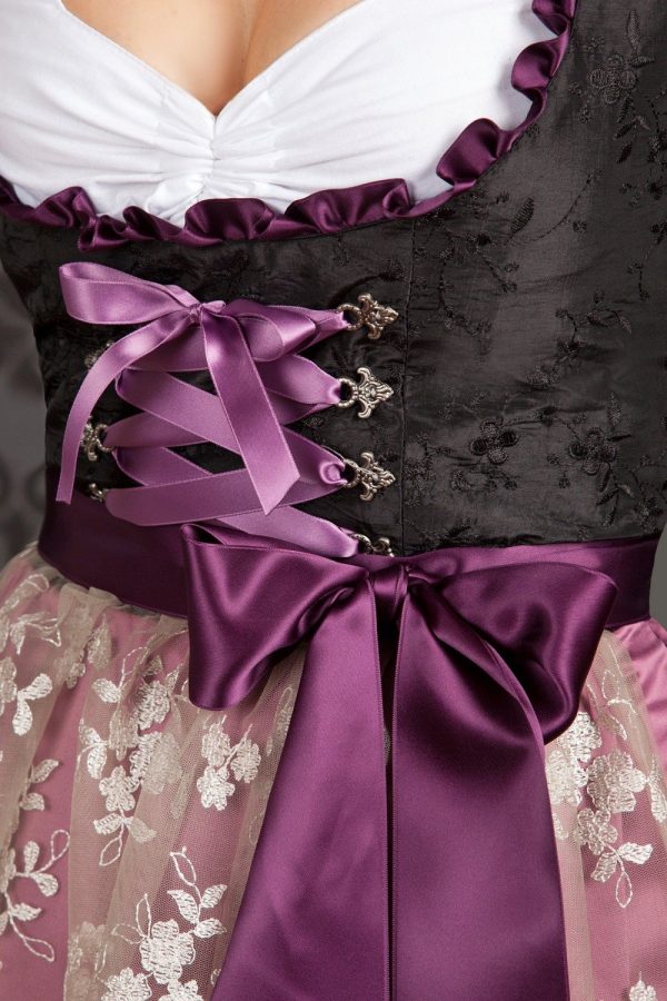 Bavarian Women's Midi Dirndl Dress 2-Pieces+Apron Black Purple