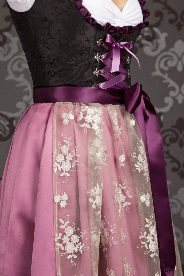 Bavarian Women's Midi Dirndl Dress 2-Pieces+Apron Black Purple