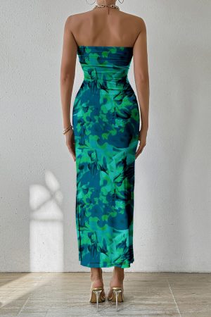 Women's Summer Maxi Bodycon Dresses Strapless Tube Top Slit Floral Printed Party Club Long Dress