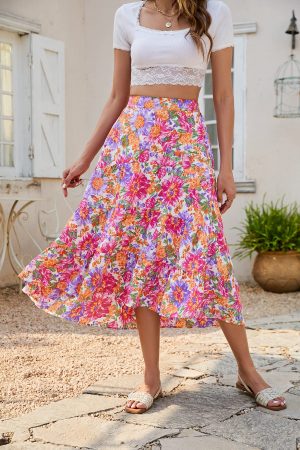 Women's Long Skirts Boho Floral Elastic High Waist Asymmetrical Hem Midi Skirt