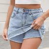 Denim Skort for Women High Waisted Denim Mini Skirt Stretch Women Jean Skirt Shorts with Trendy Frayed Raw Hem