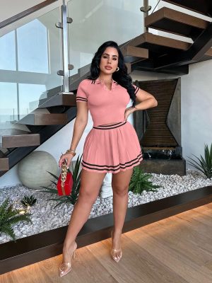 Womens 2 Piece Outfits Knitted Crop Top Pleated Mini Skirt Set For Summer Sexy Short Sleeve