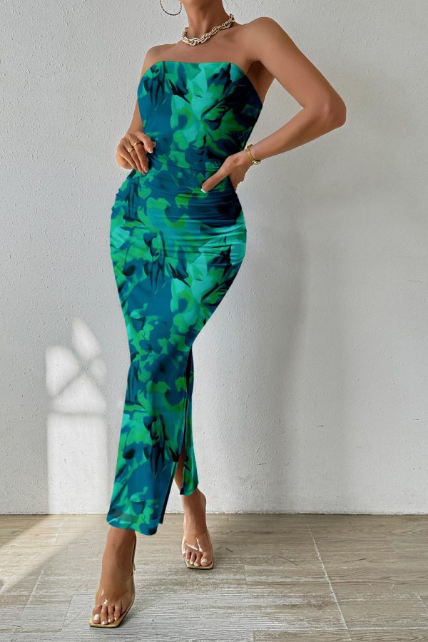 Women's Summer Maxi Bodycon Dresses Strapless Tube Top Slit Floral Printed Party Club Long Dress
