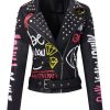Women Faux Leather Jacket Studded Rivet Spring Fall Winter Fashion, Moto Biker Trendy Clothes Streetwear Belted