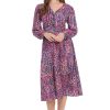Women's Long Sleeve V-Neck Midi Elastic Waist Flowy Skirt-Versatile Cocktail Wedding Guest Dress