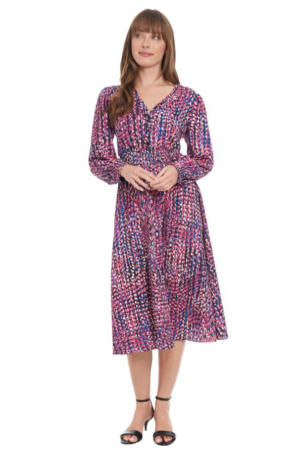 Women's Long Sleeve V-Neck Midi Elastic Waist Flowy Skirt-Versatile Cocktail Wedding Guest Dress