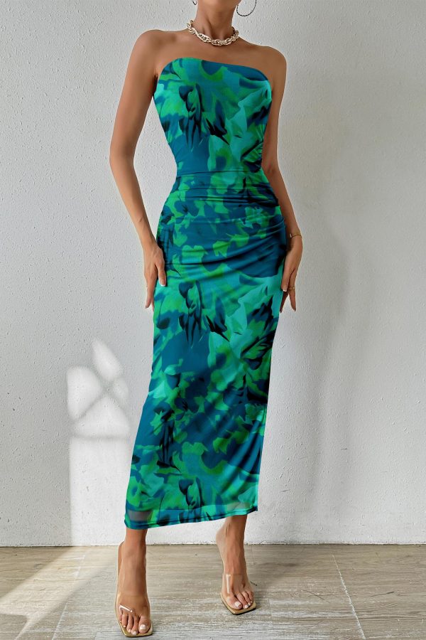 Women's Summer Maxi Bodycon Dresses Strapless Tube Top Slit Floral Printed Party Club Long Dress