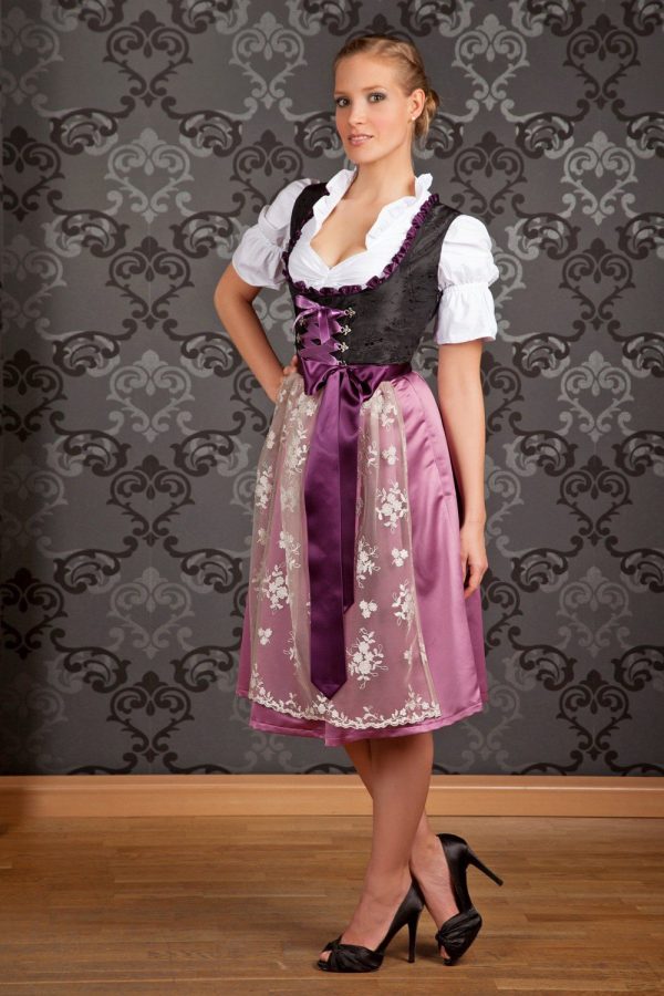 Bavarian Women's Midi Dirndl Dress 2-Pieces+Apron Black Purple
