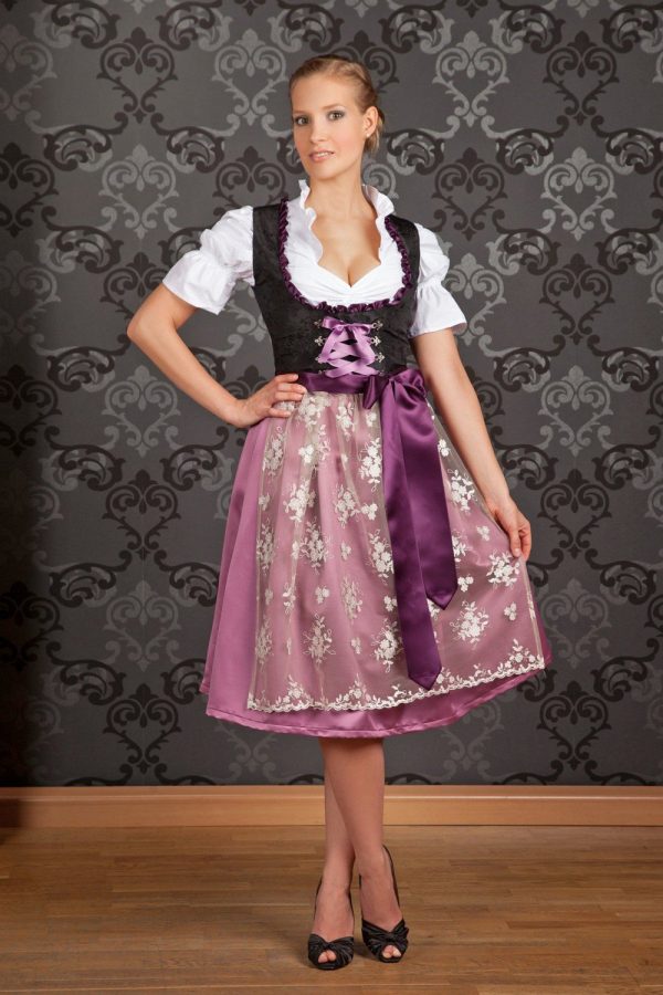 Bavarian Women's Midi Dirndl Dress 2-Pieces+Apron Black Purple