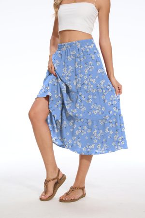 Women's Summer Midi Skirt Tiered Flowy High Waist A-Line Elastic Ruffle Casual Skirts with Pockets