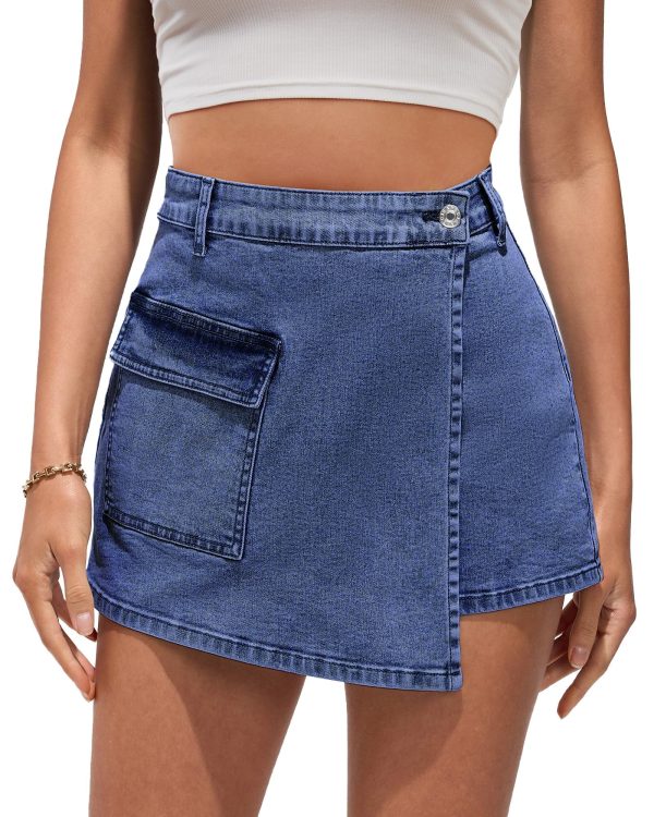 Denim Skorts for Woman Cargo Faux Wrap Jean Skort Skirts Stretchy High Waisted Skirt Shorts Country Concert Wear