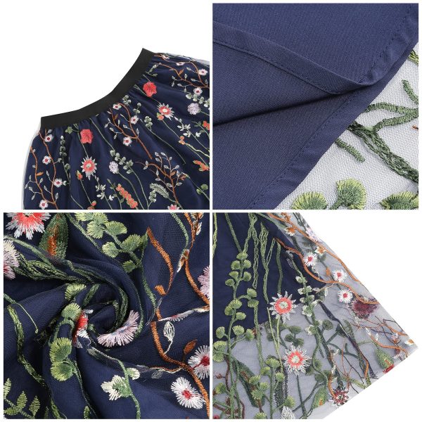 Women's Midi Length Skirt Layered Tulle A Line Skirts Embroidery/Floral Print Elastic Waist