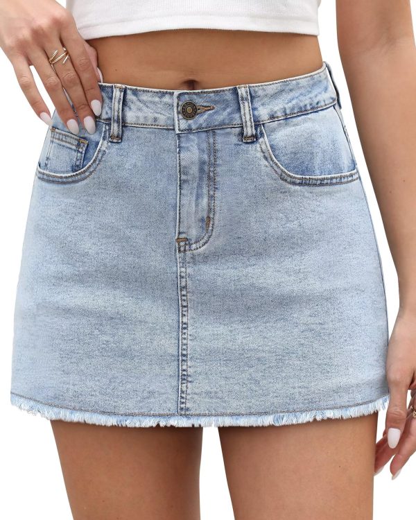 Denim Skort for Women High Waisted Denim Mini Skirt Stretch Women Jean Skirt Shorts with Trendy Frayed Raw Hem