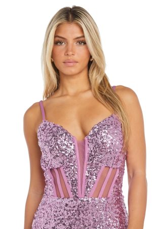 Juniors Sequined Gown W/Corset Bodice & Side Slit