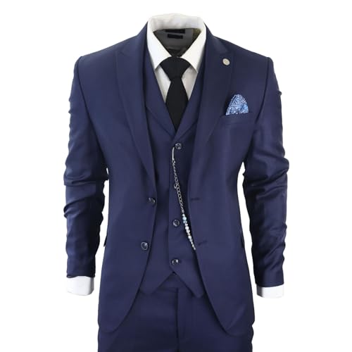 Mens Classic 3 Piece Suit Navy Blue Pocket Chain Wedding Tailored Fit Vintage Formal