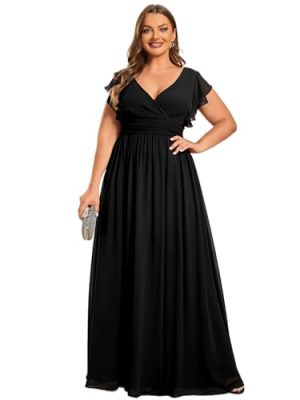Women's Summer Chiffon Ruffles Sleeve Pleated Back Cutout Plus Size Bridesmaid Dresses Formal Gowns