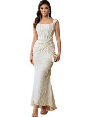 Elegant Lace Bodycon Fishtail Dress Wedding Guest Fishbone Shoulder Strap Ruched Midi Party Dress for Women