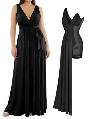 Women Formal Wedding Guest Dress - Shapewear Bridesmaid Dresses Built-in Bra Floor Length Prom Dress with Tie