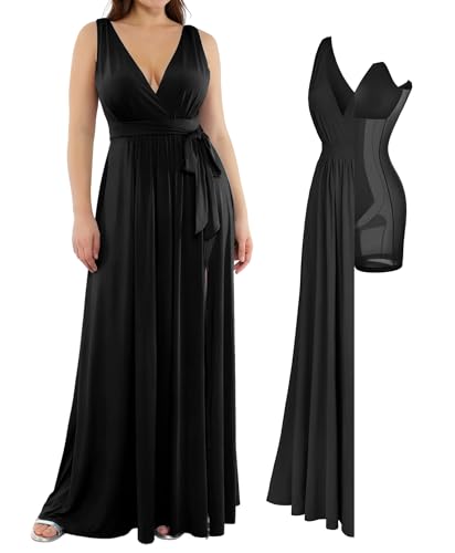 Women Formal Wedding Guest Dress - Shapewear Bridesmaid Dresses Built-in Bra Floor Length Prom Dress with Tie