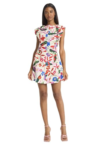 Women's Floral Cotton Poplin Mini Structured Cap Sleeves-Garden Party A-line Summer Wedding Guest Dress