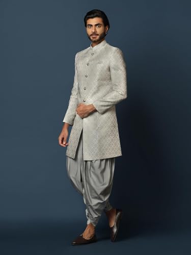 Men's Grey Jacquard Indowestern Sherwani & Dhoti Set – Regular Fit, Mandarin Collar | Indian Wedding & Festive Wear