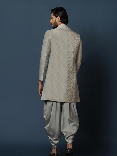 Men's Grey Jacquard Indowestern Sherwani & Dhoti Set – Regular Fit, Mandarin Collar | Indian Wedding & Festive Wear