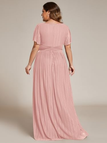Women's A Line V Neck Glitter Short Sleeves Pleated Plus Size Formal Evening Dresses 11961-DA