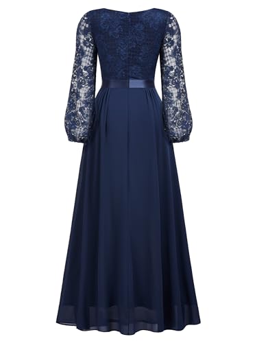 Women's Wedding Guest A-Line Dress Floral Lace Deep V Neck Long Sleeve Formal Evening Gown