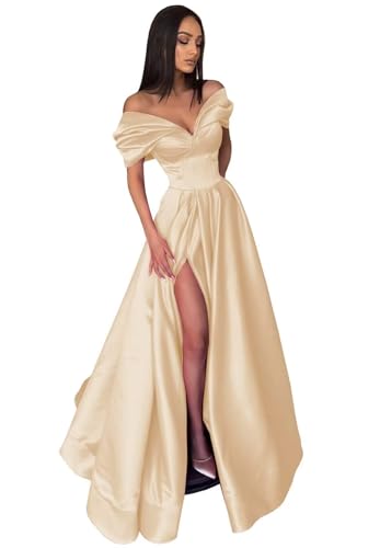 Women's Off The Shoulder Satin Prom Dress with Pockets Long Backless A-Line Formal Evening Gowns with Slit