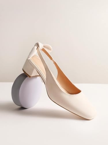 Womens Chunky Low Heels Bow Slingback Pumps Closed Square Toe Wedding Party Dress Shoes