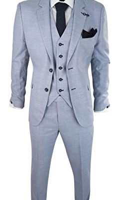 Mens 3 Piece Suit Light Blue Summer Linen Tailored Fit Wedding Prom Classic