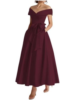 Womens Off The Shoulder Satin Mother of The Bride Dresses with Bow Tea Length Formal Gowns Evening Dress