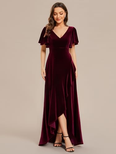Women's Velvet Ruffle Sleeve V-Neck Wrap Waist Maxi Dress High Low Wedding Guest Dresses 02041