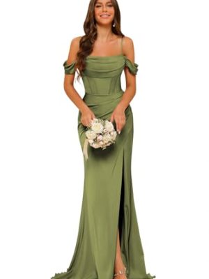 Off Shoulder Satin Bridesmaid Dress Long Mermaid Corset Prom Dress for Women Formal Gown with Slit